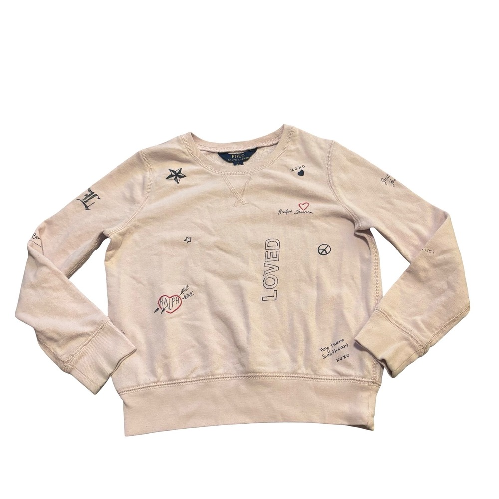 Polo Ralph Lauren Girls Pink Doodle Graphic Sweatshirt Size M 8-10 Heart Loved